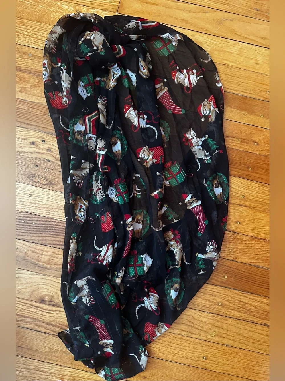 Vintage Christmas Cats Scarf Black Sheer Fabric Holiday Festive Cat Grannycore